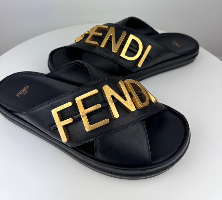 Fendi Vitello Logo Black Leather Sandals