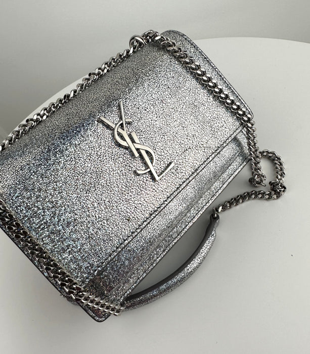 Saint Laurent Mini Sunset Crackle Metallic Silver Glitter Leather Crossbody Bag