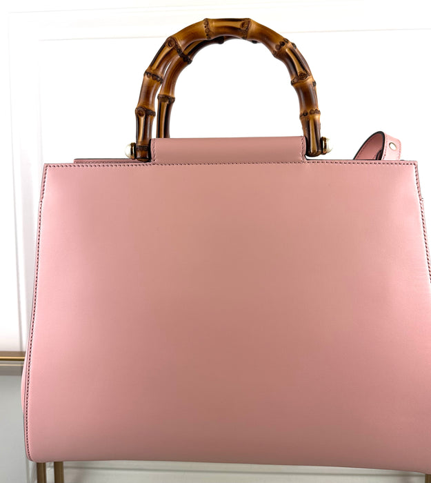 Gucci Pink/White Leather Nymphaea Bamboo Top Handle Bag