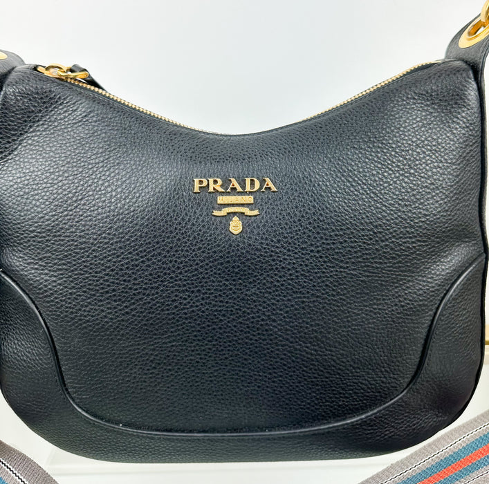 Prada Black Vitello Phenix Leather Web Stripe Strap Crossbody
