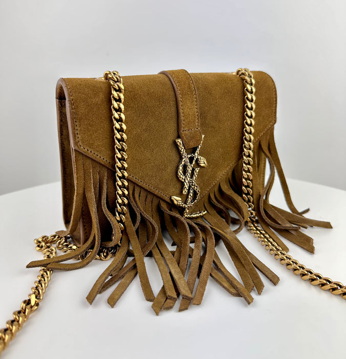 Saint Laurent Brown Baby Serpent Fringed Suede Chain Crossbody Bag