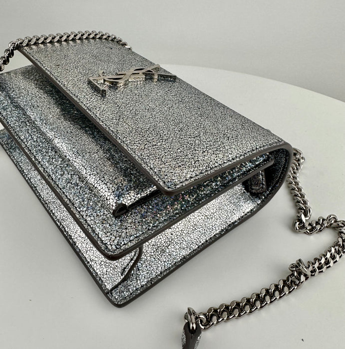 Saint Laurent Mini Sunset Crackle Metallic Silver Glitter Leather Crossbody Bag