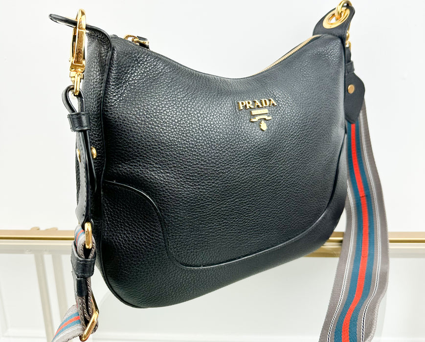 Prada Black Vitello Phenix Leather Web Stripe Strap Crossbody