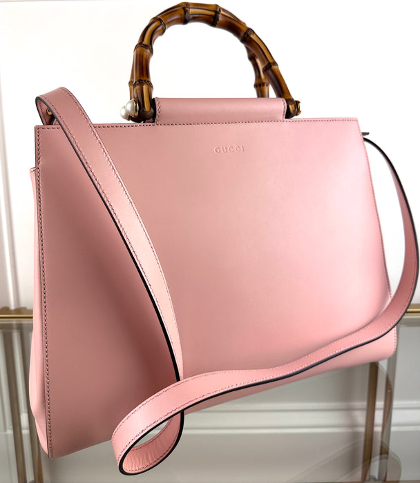 Gucci Pink/White Leather Nymphaea Bamboo Top Handle Bag