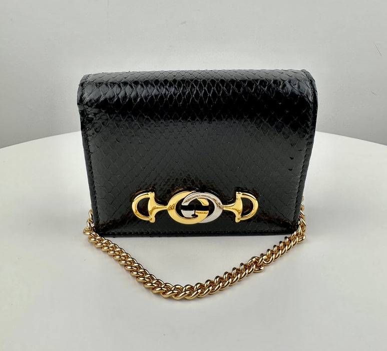 Gucci Zumi Black Snakeskin Gold Chain Bi-fold Mini Wallet