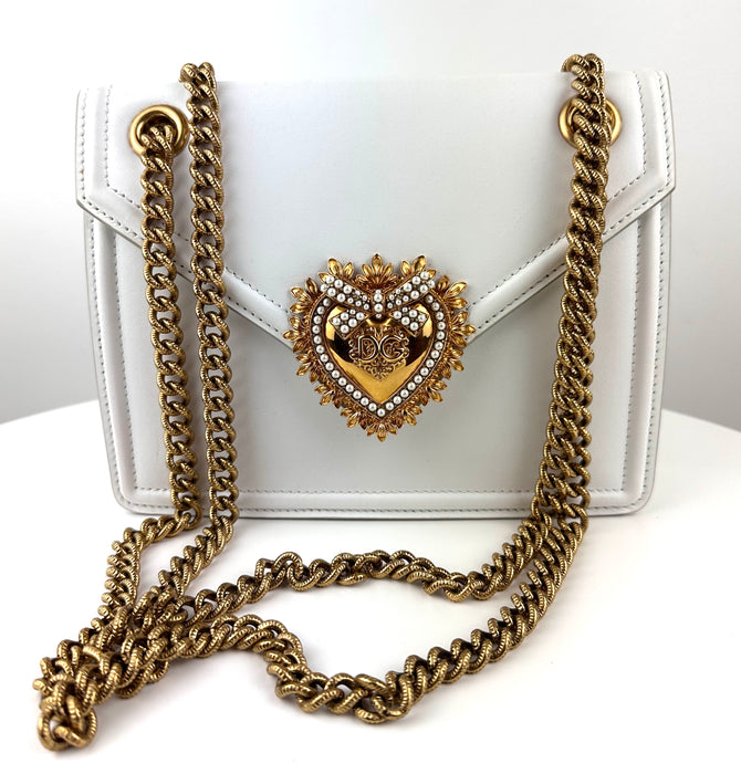 Dolce and Gabbana Small Smooth Calfskin Devotion Bag in White