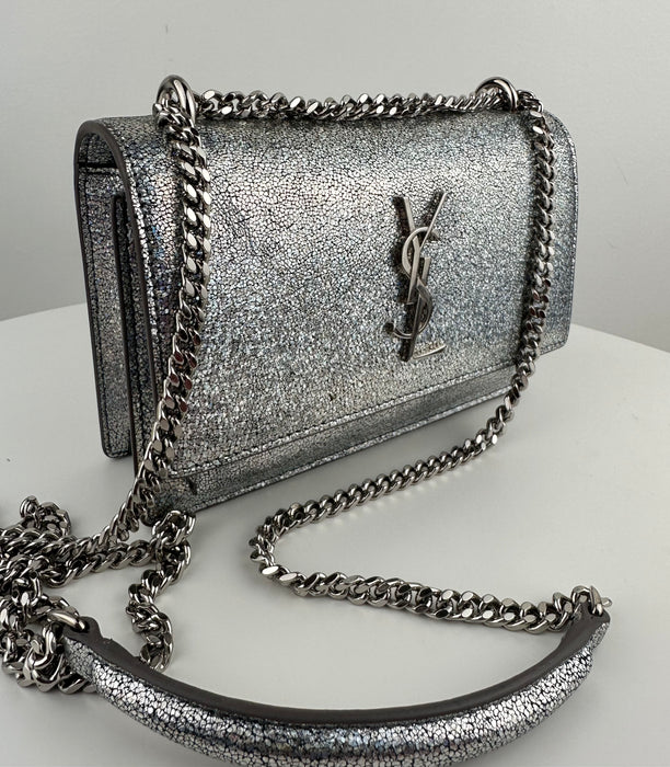 Saint Laurent Mini Sunset Crackle Metallic Silver Glitter Leather Crossbody Bag