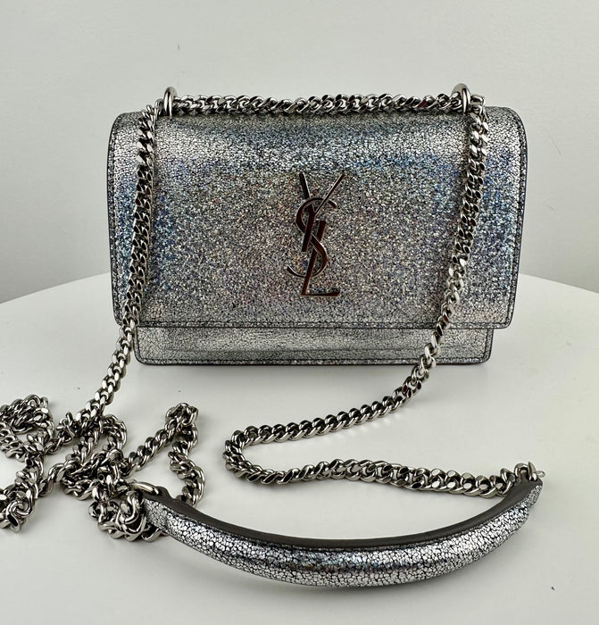 Saint Laurent Mini Sunset Crackle Metallic Silver Glitter Leather Crossbody Bag