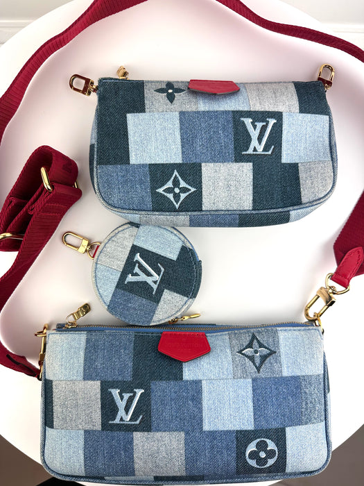 Louis Vuitton Denim Damier Monogram Patchwork Multi Pochette Accessories Bleu Rouge