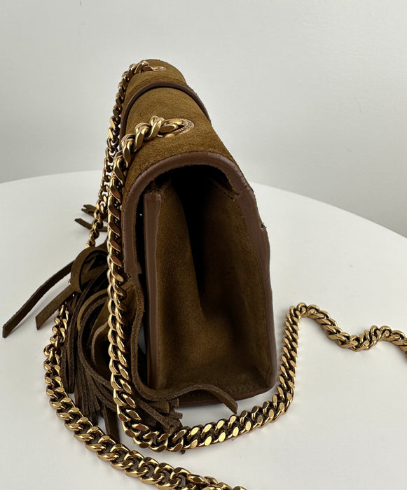 Saint Laurent Brown Baby Serpent Fringed Suede Chain Crossbody Bag