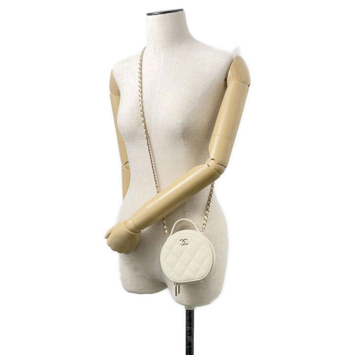 Chanel Caviar White  Top Handle Small Round Vanity Case Gold Hardware,