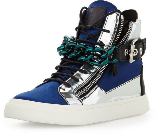 GIUSEPPE ZANOTTI MEN’S SATIN & METALLIC CHAIN HIGH-TOP SNEAKER IN BLUE AND SILVER - LuxurySnob