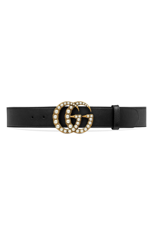 GUCCI LEATHER BELT WITH PEARL DOUBLE G BUCKLE - LuxurySnob