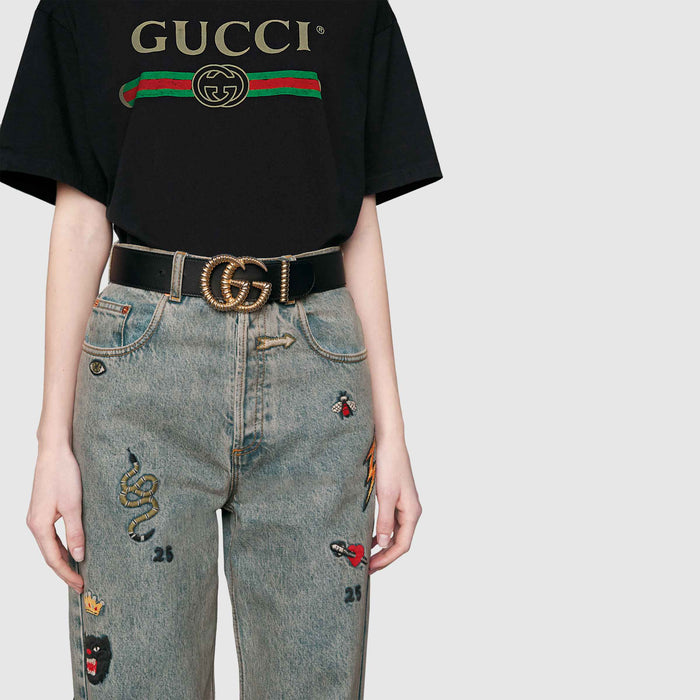 GUCCI LEATHER BELT WITH TORCHON DOUBLE G BUCKLE