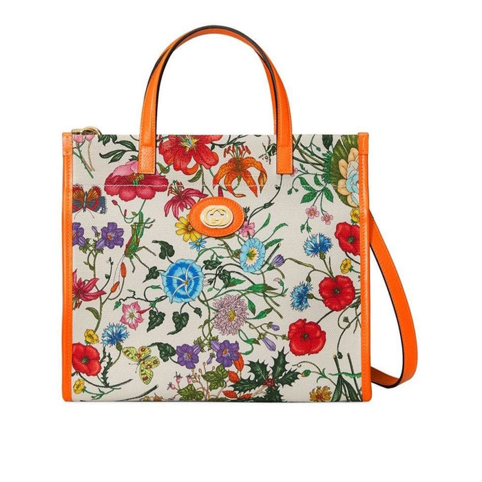 GUCCI FLORA MEDIUM LEATHER-TRIMMED PRINTED CANVAS TOTE