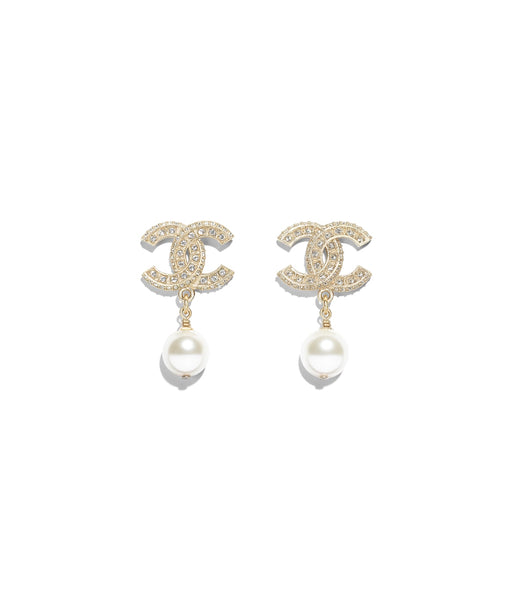 Chanel Gold Metal and Pearly White Crystal Earrings