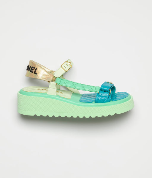 Chanel Laminated Lambskin Turquoise Green Gold and Light Gray Sandals