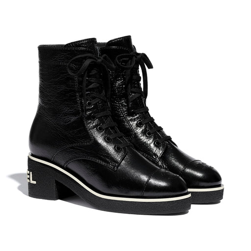 Chanel White Logo Crinkled Leather Combat Boots