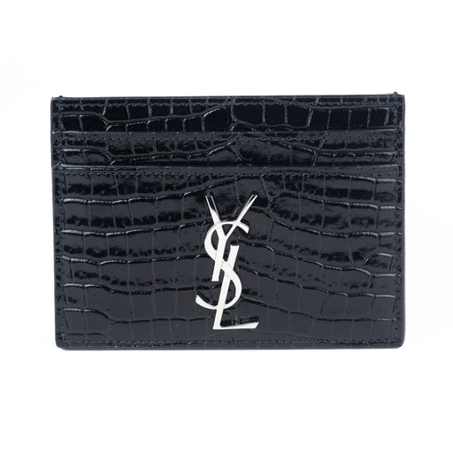 Saint Laurent Monogram Card Case Croc Embossed Shiny Leather
