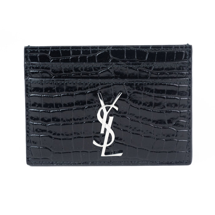 Saint Laurent Monogram Card Case Croc Embossed Shiny Leather