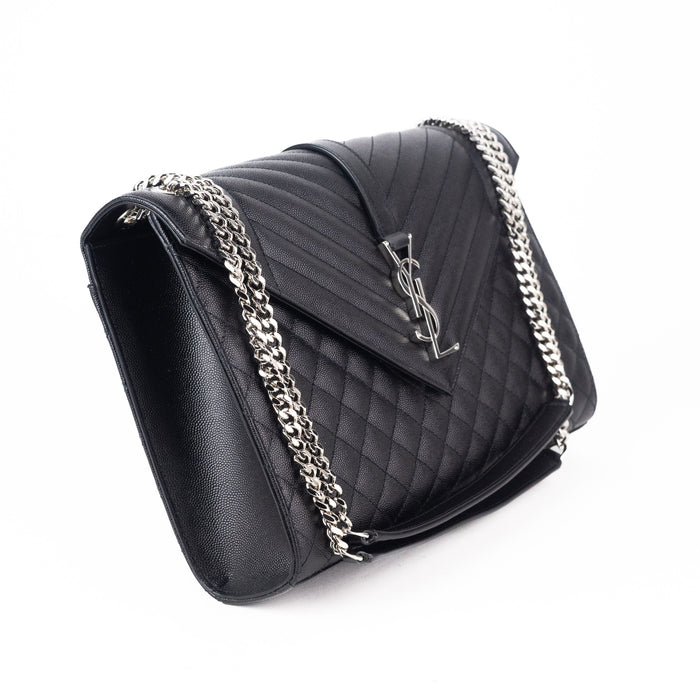 Saint Laurent Large Tri-Quilt Leather Envelope Bag in Black with Silver Hardware