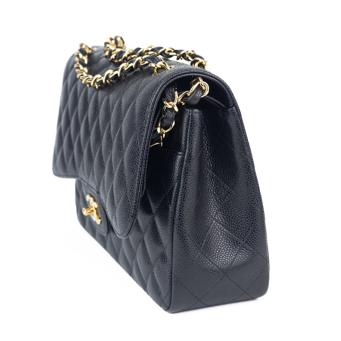 Chanel Large Classic Handbag in Black Grained Calfskin and Gold-Tone Metal