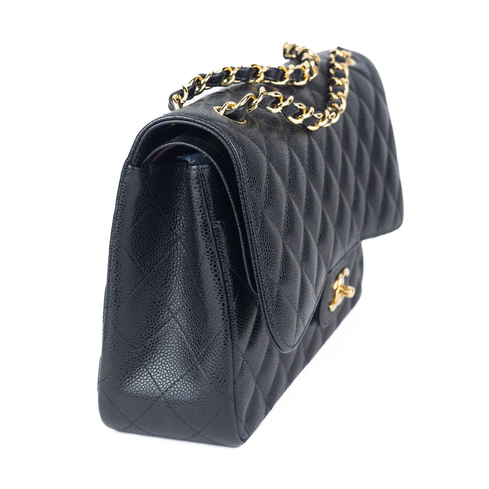 Chanel Large Classic Handbag in Black Grained Calfskin and Gold-Tone Metal