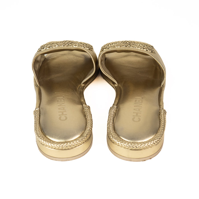 Chanel Laminated CC Logo Gold Slides 