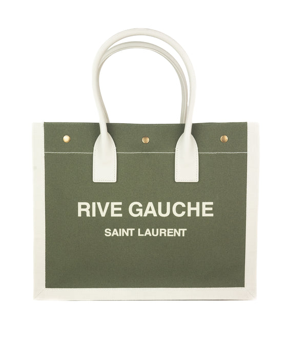 Saint Laurent Rive Gauche Small Tote Bag in Military Green Linen and Leather