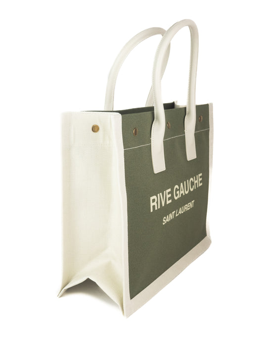 Saint Laurent Rive Gauche Small Tote Bag in Military Green Linen and Leather