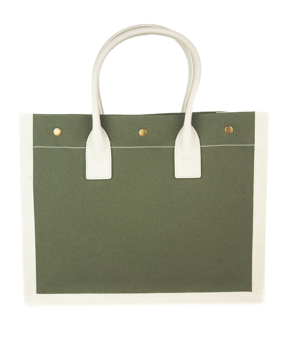 Saint Laurent Rive Gauche Small Tote Bag in Military Green Linen and Leather