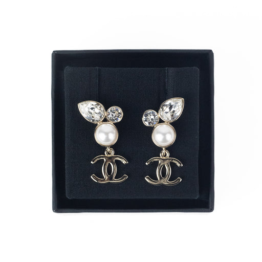 Chanel Pearl and Crystal CC Drop Earrings in Gold