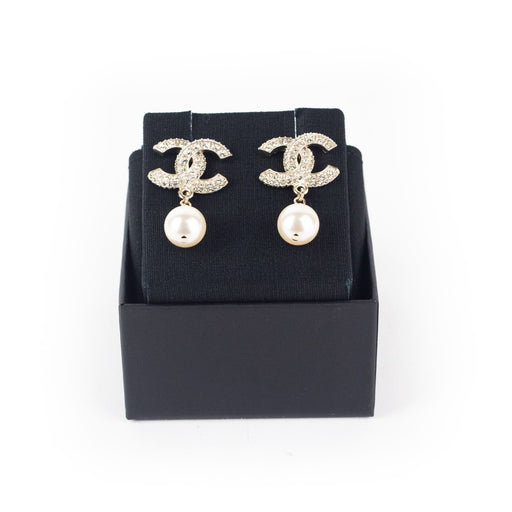 Chanel Gold Metal and Pearly White Crystal Earrings