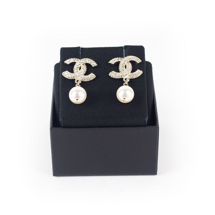 Chanel Gold Metal and Pearly White Crystal Earrings