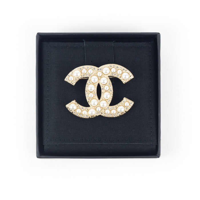 Chanel Gold Pearly White and Crystal Brooch