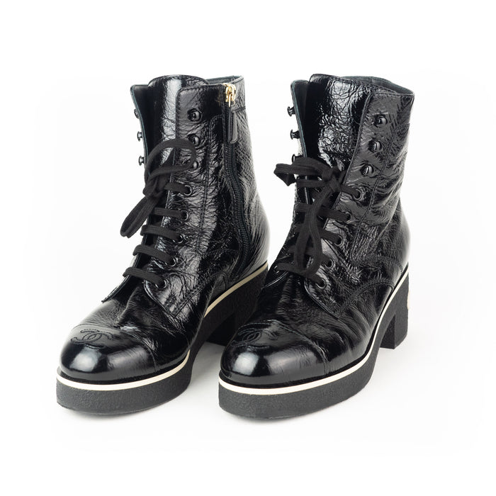 Chanel White Logo Crinkled Leather Combat Boots