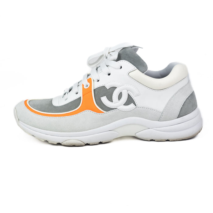 Chanel White, Grey, and Orange Sneakers in Calfskin and Fabric