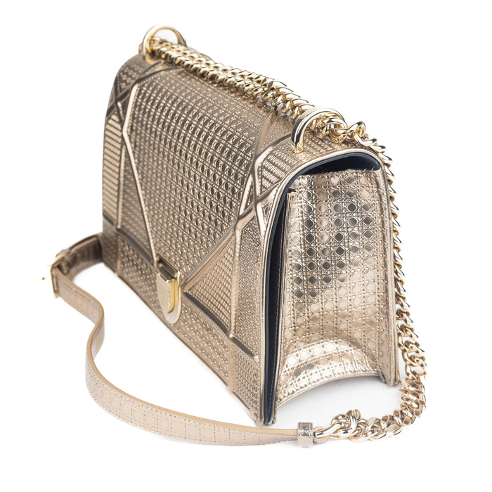 Dior Metallic Patent Micro-Cannage Medium Diorama Flap Bag Gold