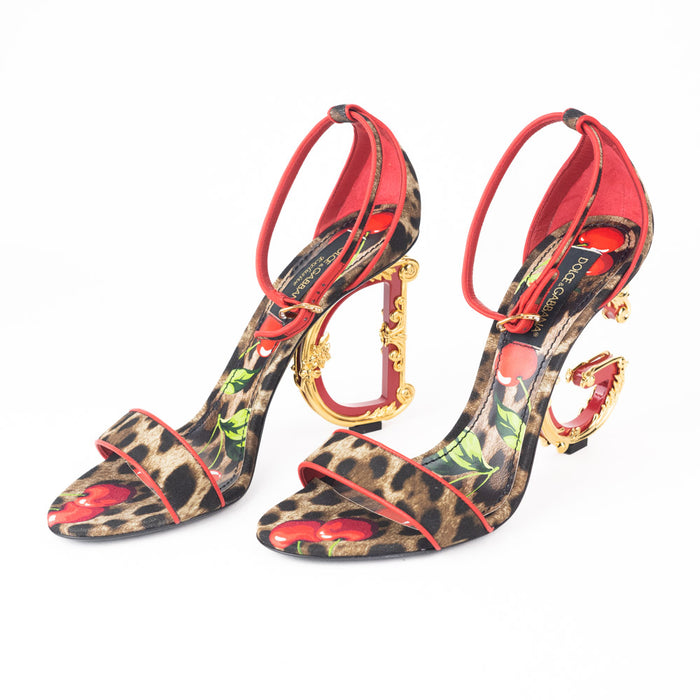 Dolce & Gabbana Cherry Leopard Print Sandals with DG Baroque Heel