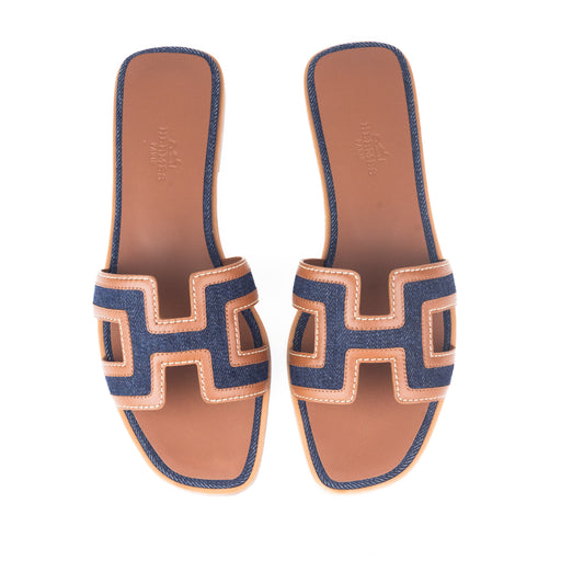 Hermes Oran Sandals in Bleu Brut and Gold