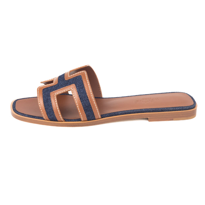 Hermes Oran Sandals in Bleu Brut and Gold