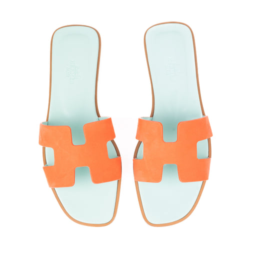 Hermes Oran Sandals in Blue and Orange Leather and Suede