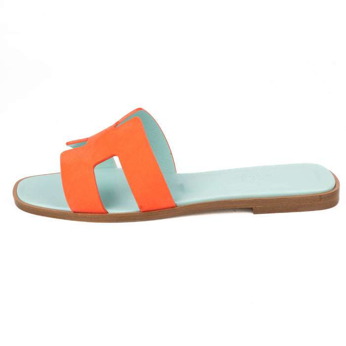 Hermes Oran Sandals in Blue and Orange Leather and Suede