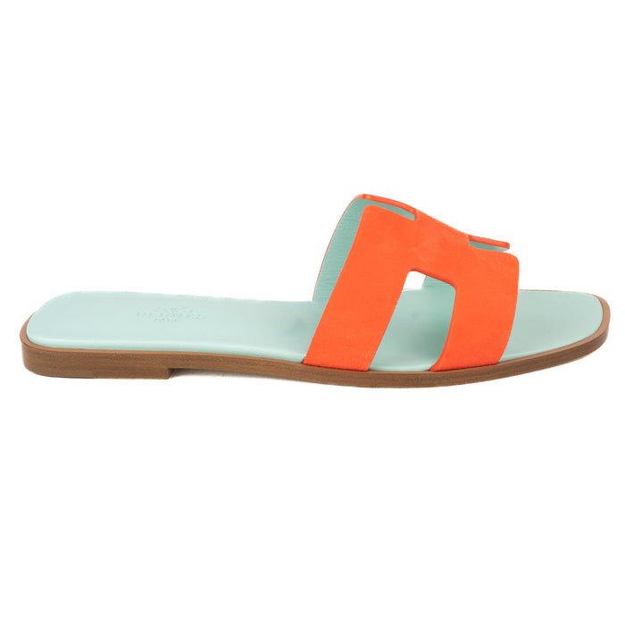 Hermes Oran Sandals in Blue and Orange Leather and Suede