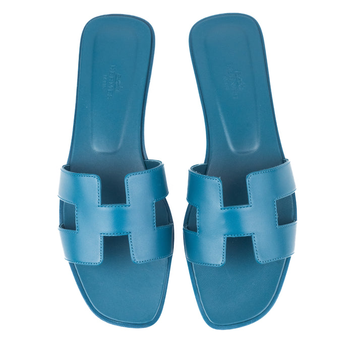 Hermes Oran Sandals in Blue Emeraude