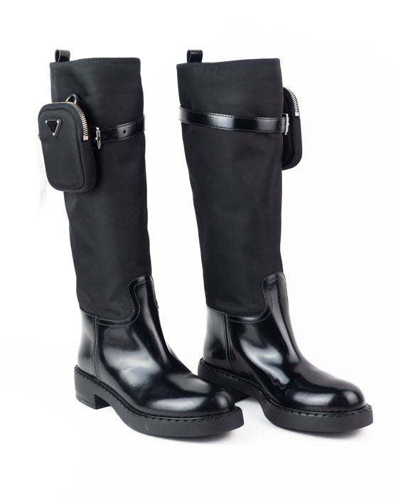 Prada Brushed Leather and Nylon Boots with Pouch