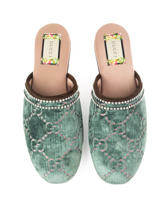 Gucci GG Green Velvet Crystal Slippers