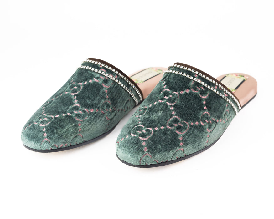 Gucci GG Green Velvet Crystal Slippers