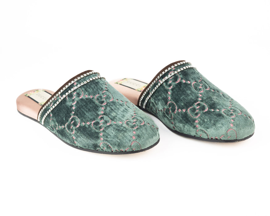 Gucci GG Green Velvet Crystal Slippers