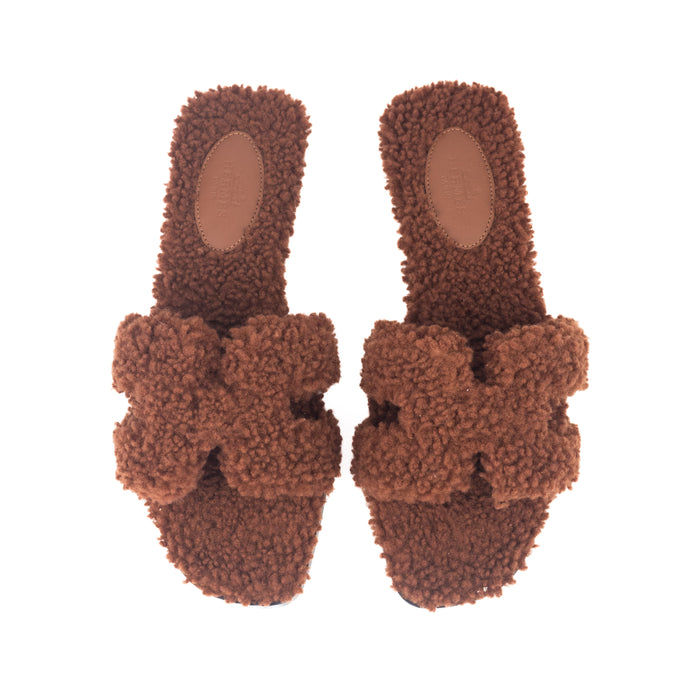 Hermes Woolskin Oran Sandals in Cognac